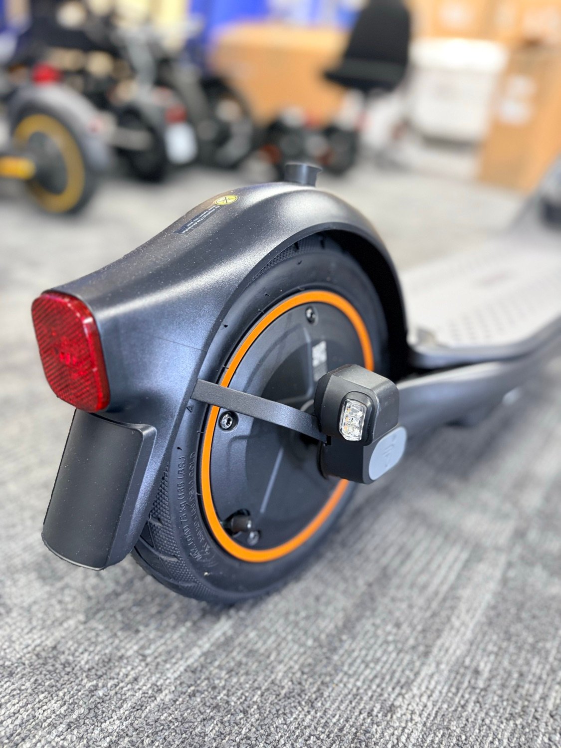 Close-up of F65 rear wheel and disc